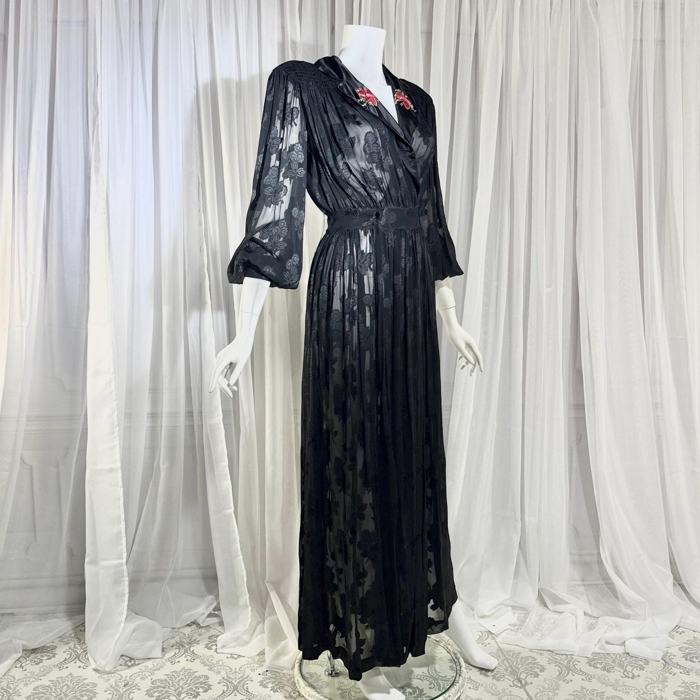 1940s Vintage Dressing Gown Robe, Sheer Black Floral Burnout maxi length Hostess Gown