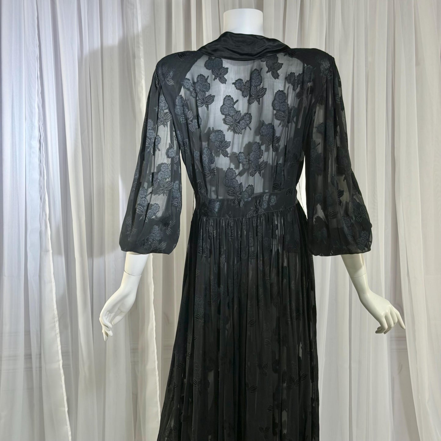 1940s Vintage Dressing Gown Robe, Sheer Black Floral Burnout maxi length Hostess Gown