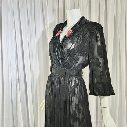 1940s Vintage Dressing Gown Robe, Sheer Black Floral Burnout maxi length Hostess Gown