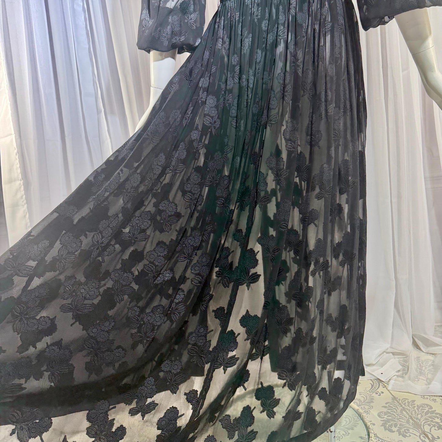 1940s Vintage Dressing Gown Robe, Sheer Black Floral Burnout maxi length Hostess Gown