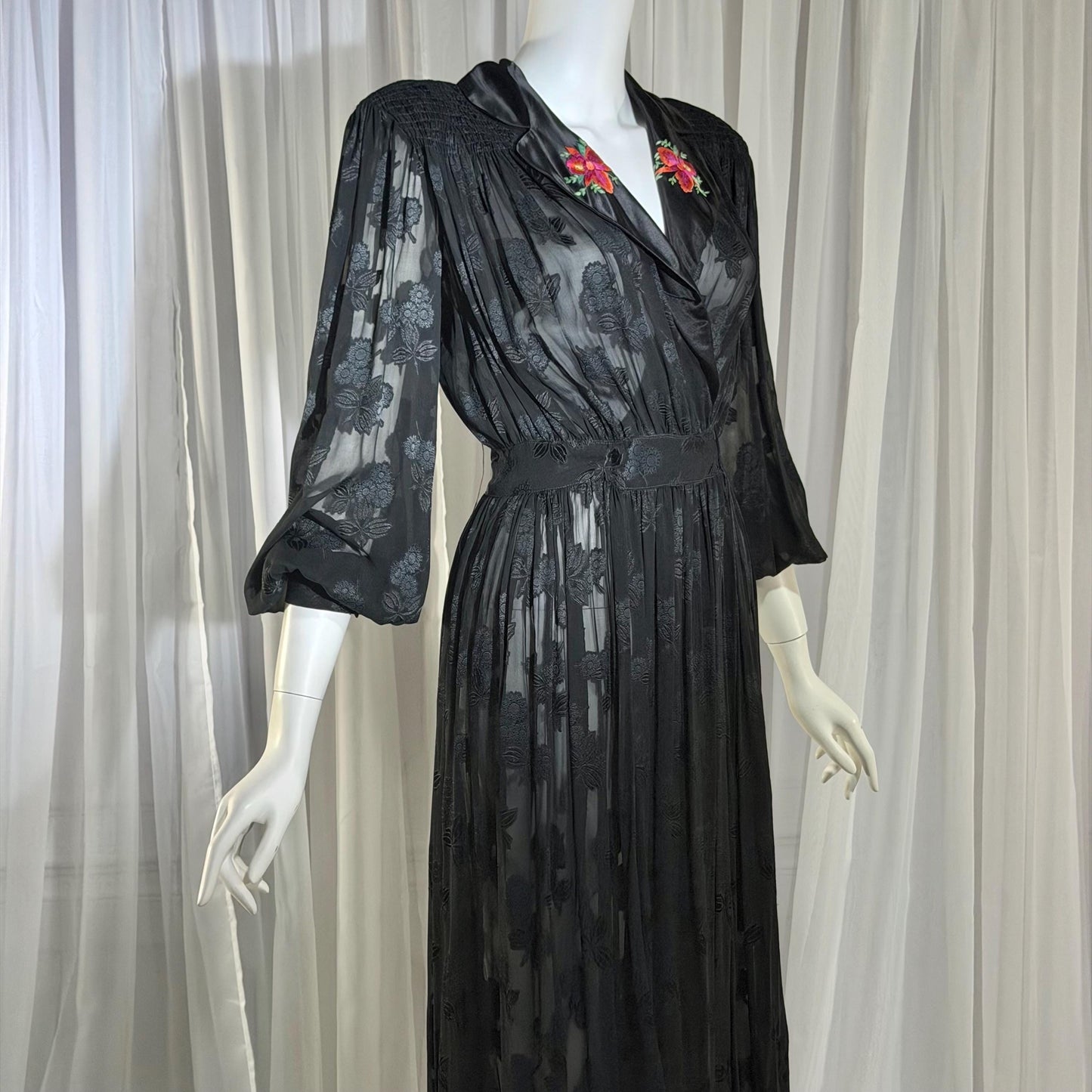 1940s Vintage Dressing Gown Robe, Sheer Black Floral Burnout maxi length Hostess Gown