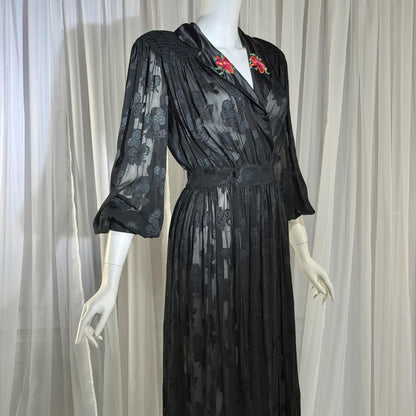 1940s Vintage Dressing Gown Robe, Sheer Black Floral Burnout maxi length Hostess Gown