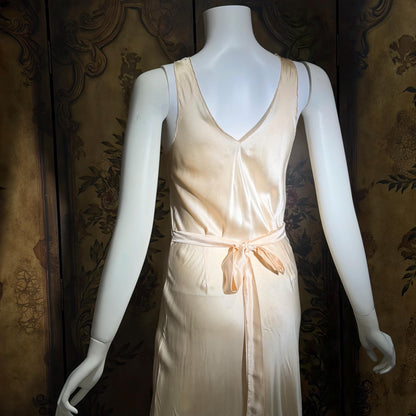 1930s vintage nightgown, SILK slip dress, Hand Embroidered peachy pink bias cut lingerie dress