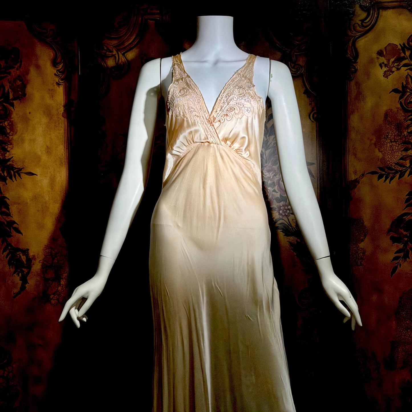 1930s vintage nightgown, SILK slip dress, Hand Embroidered peachy pink bias cut lingerie dress