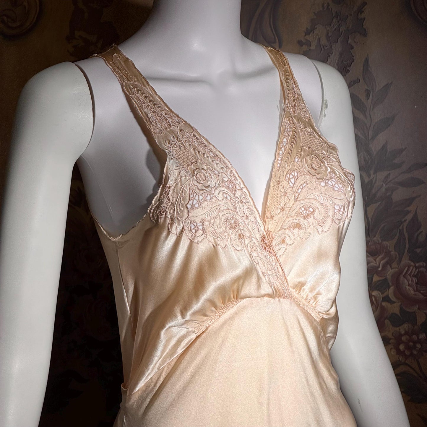 1930s vintage nightgown, SILK slip dress, Hand Embroidered peachy pink bias cut lingerie dress