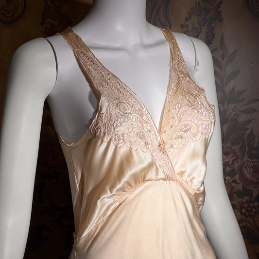 1930s vintage nightgown, SILK slip dress, Hand Embroidered peachy pink bias cut lingerie dress