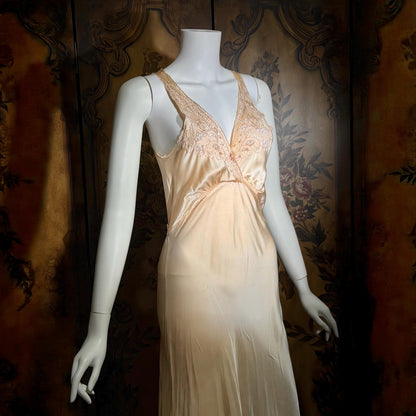 1930s vintage nightgown, SILK slip dress, Hand Embroidered peachy pink bias cut lingerie dress
