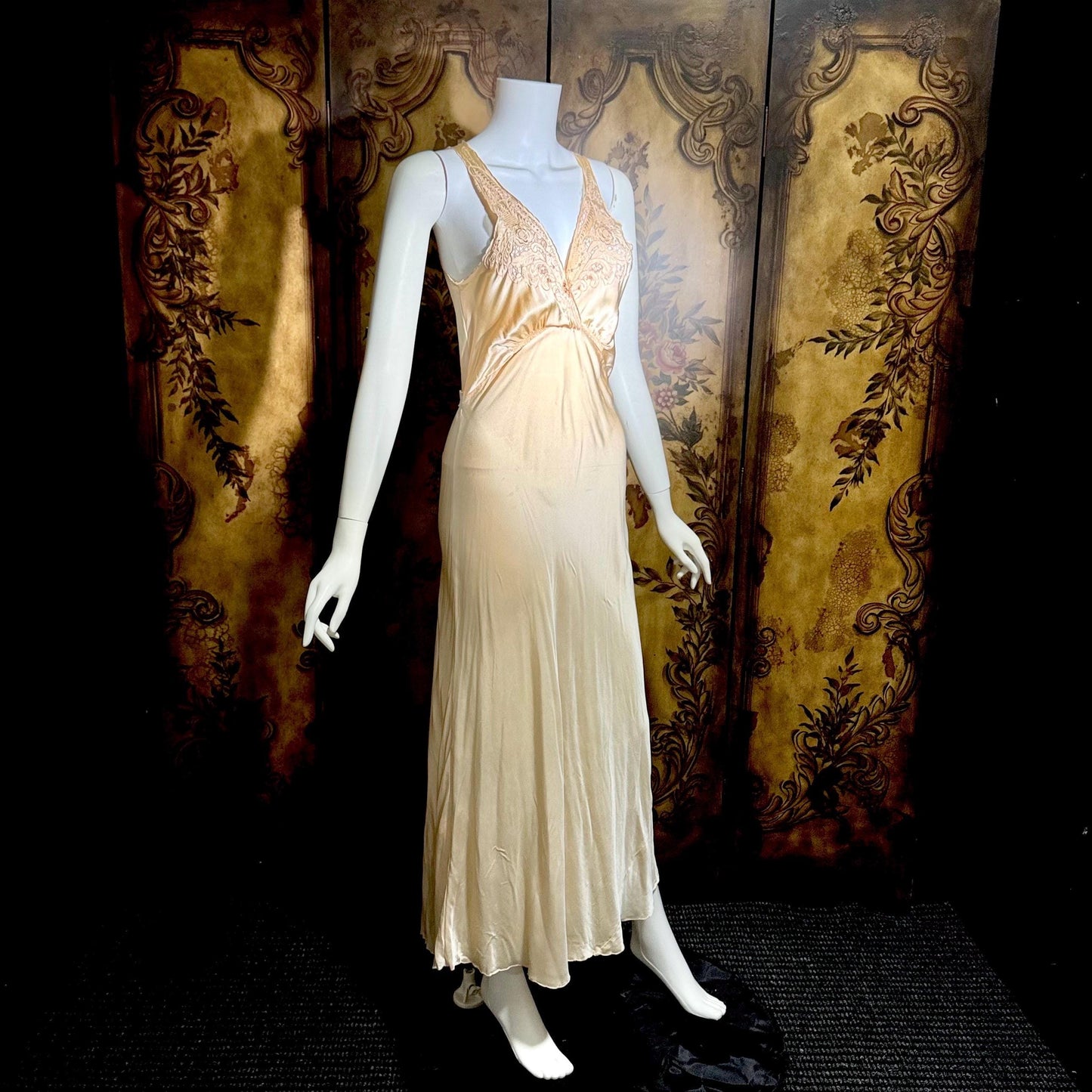 1930s vintage nightgown, SILK slip dress, Hand Embroidered peachy pink bias cut lingerie dress