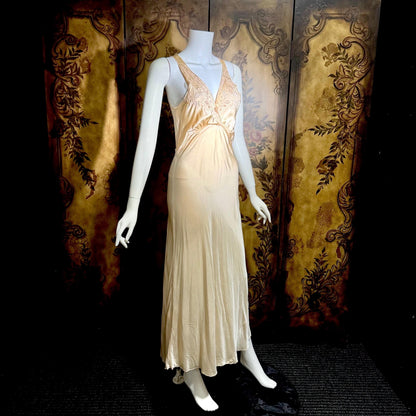 1930s vintage nightgown, SILK slip dress, Hand Embroidered peachy pink bias cut lingerie dress