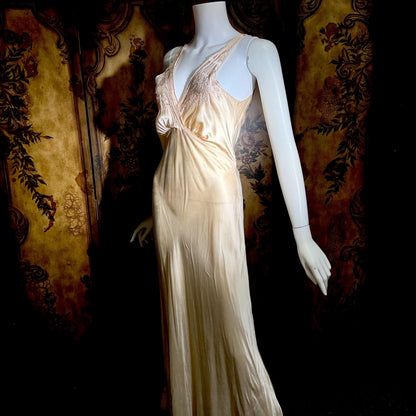 1930s vintage nightgown, SILK slip dress, Hand Embroidered peachy pink bias cut lingerie dress