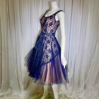 WILL STEINMAN vintage 1950s party dress, Navy blue and Pink lace and net cupcake short cocktail dress