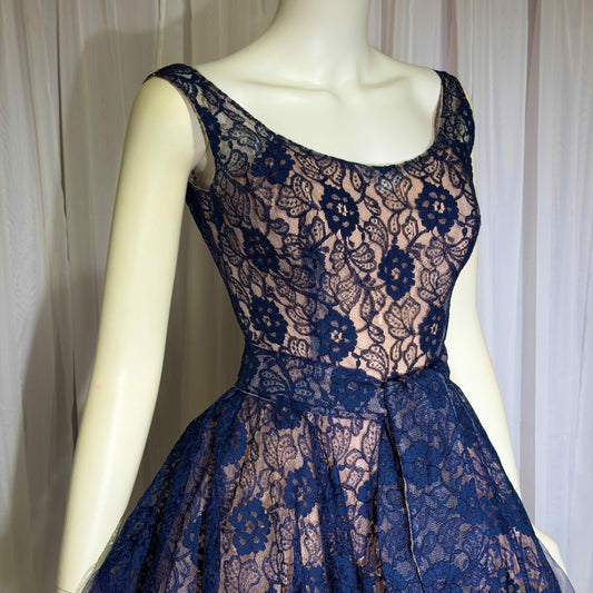 WILL STEINMAN vintage 1950s party dress, Navy blue and Pink lace and net cupcake short cocktail dress