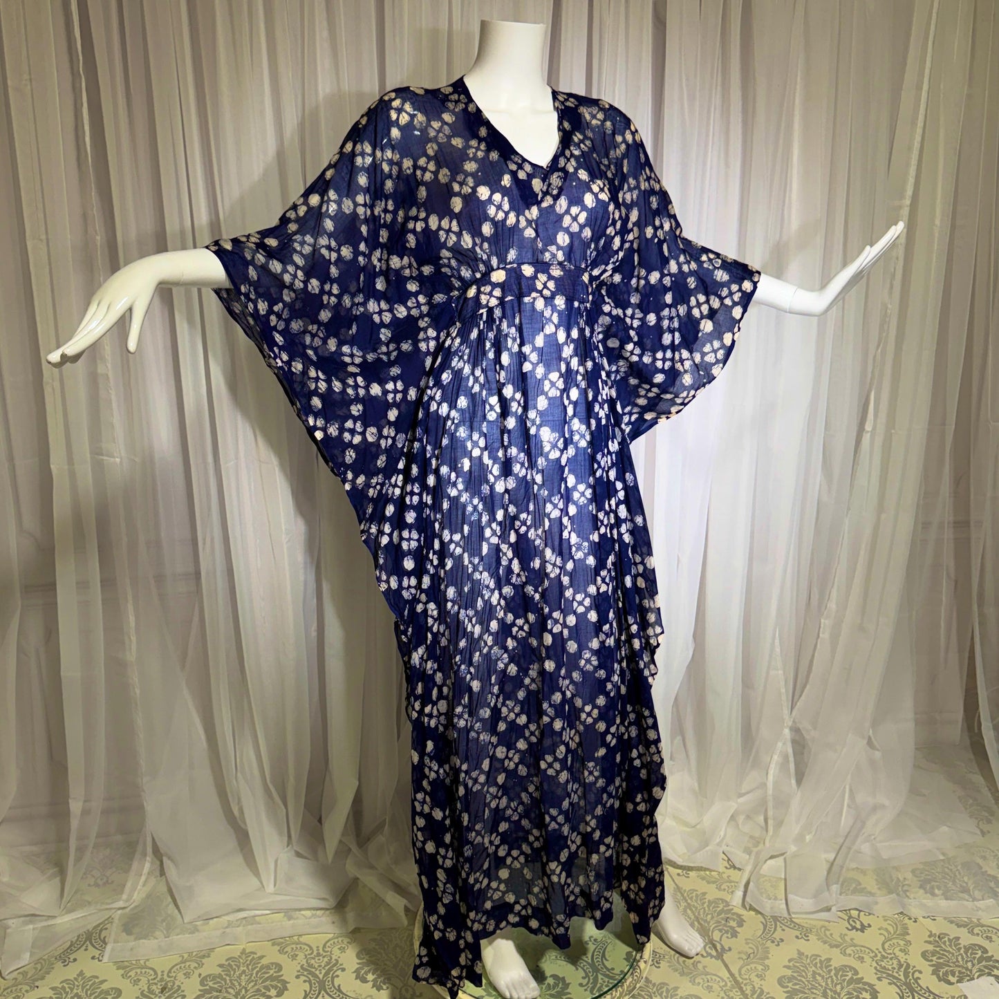 1970s Vintage Cotton Gauze Caftan Dress, Midnight Blue Batik Hippie Boho Maxi