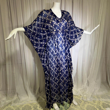 1970s Vintage Cotton Gauze Caftan Dress, Midnight Blue Batik Hippie Boho Maxi