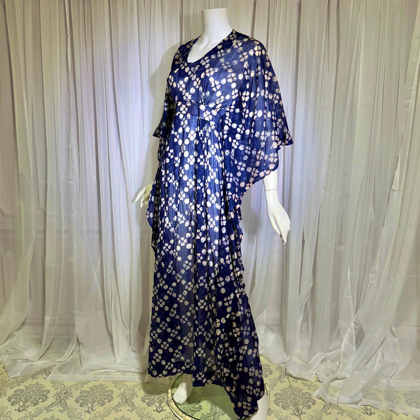 1970s Vintage Cotton Gauze Caftan Dress, Midnight Blue Batik Hippie Boho Maxi