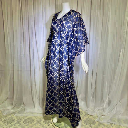 1970s Vintage Cotton Gauze Caftan Dress, Midnight Blue Batik Hippie Boho Maxi