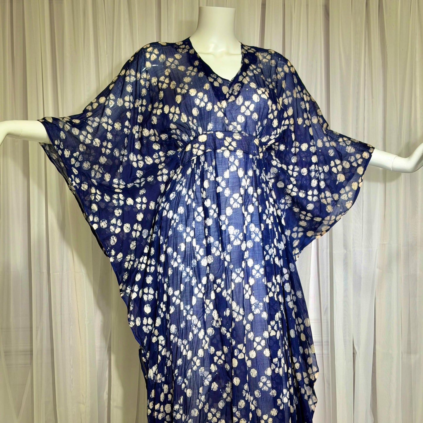 1970s Vintage Cotton Gauze Caftan Dress, Midnight Blue Batik Hippie Boho Maxi