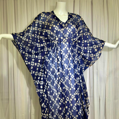 1970s Vintage Cotton Gauze Caftan Dress, Midnight Blue Batik Hippie Boho Maxi