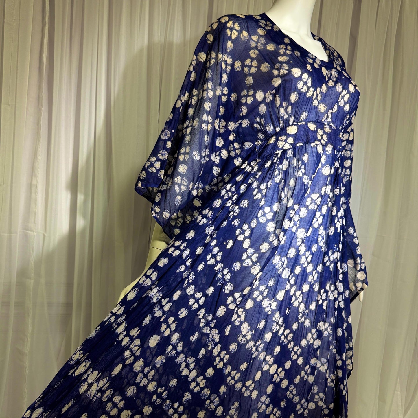1970s Vintage Cotton Gauze Caftan Dress, Midnight Blue Batik Hippie Boho Maxi