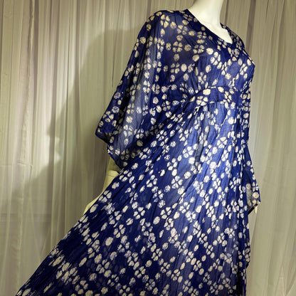 1970s Vintage Cotton Gauze Caftan Dress, Midnight Blue Batik Hippie Boho Maxi