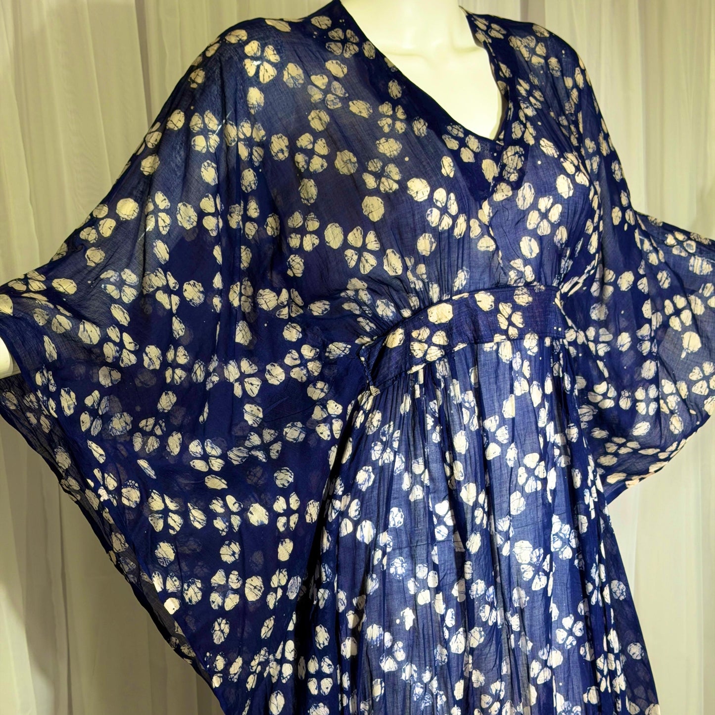 1970s Vintage Cotton Gauze Caftan Dress, Midnight Blue Batik Hippie Boho Maxi