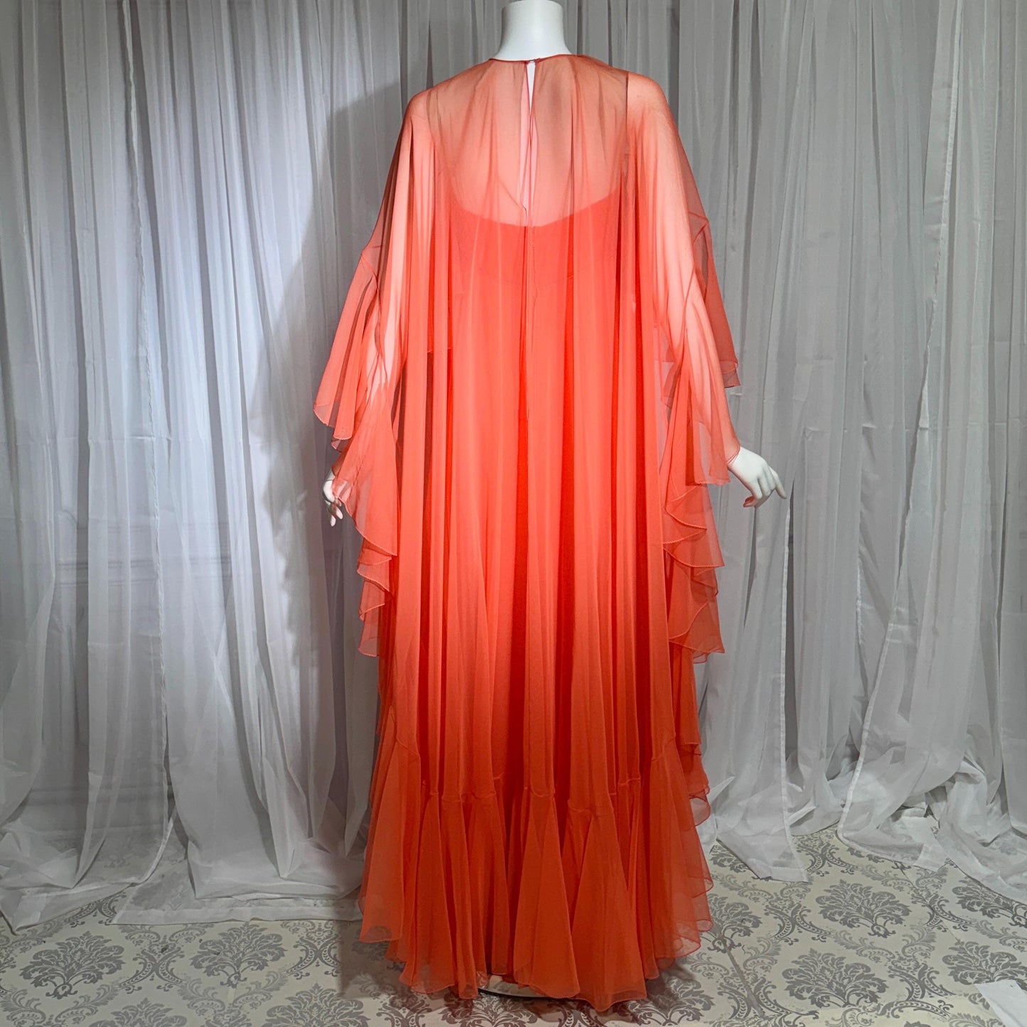 RIZKALLAH MALCOLM STARR evening dress gown, vintage 1970s Ruffle Chiffon cape dress