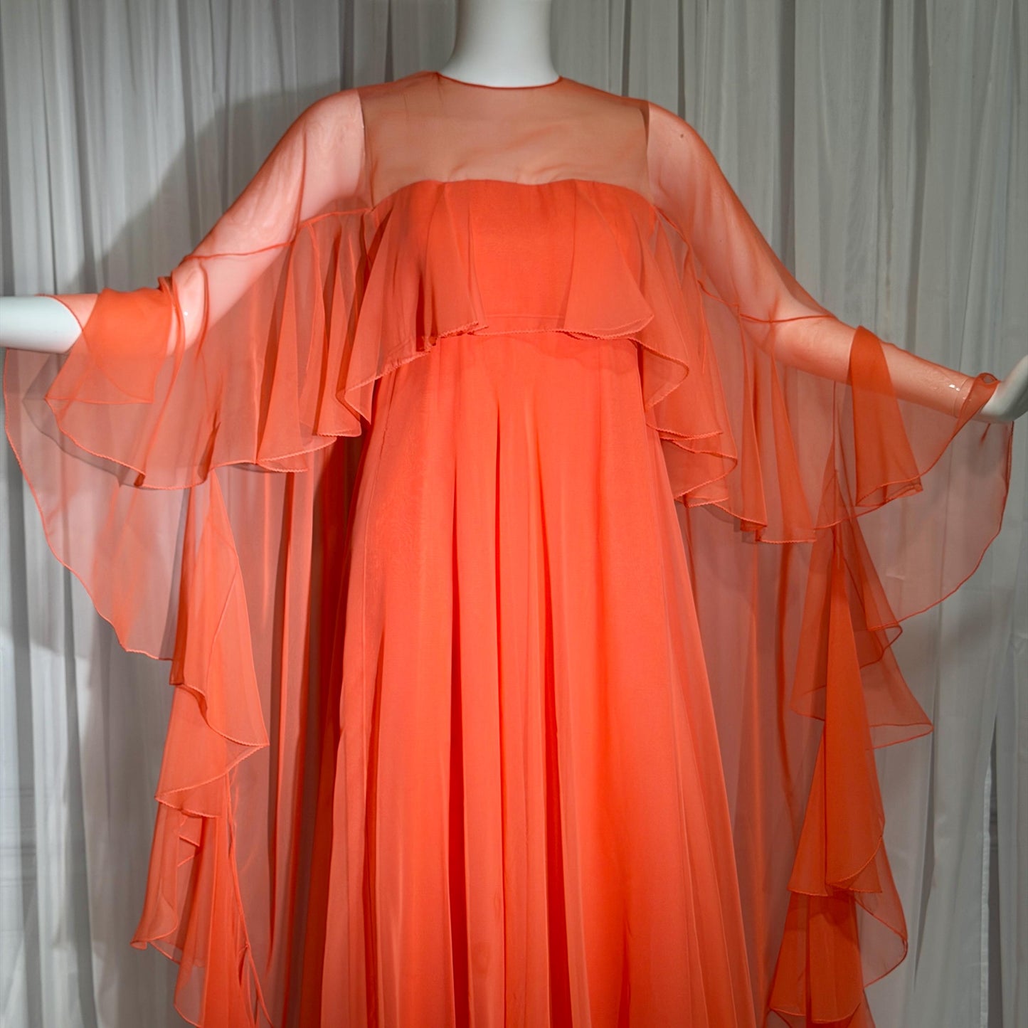 RIZKALLAH MALCOLM STARR evening dress gown, vintage 1970s Ruffle Chiffon cape dress