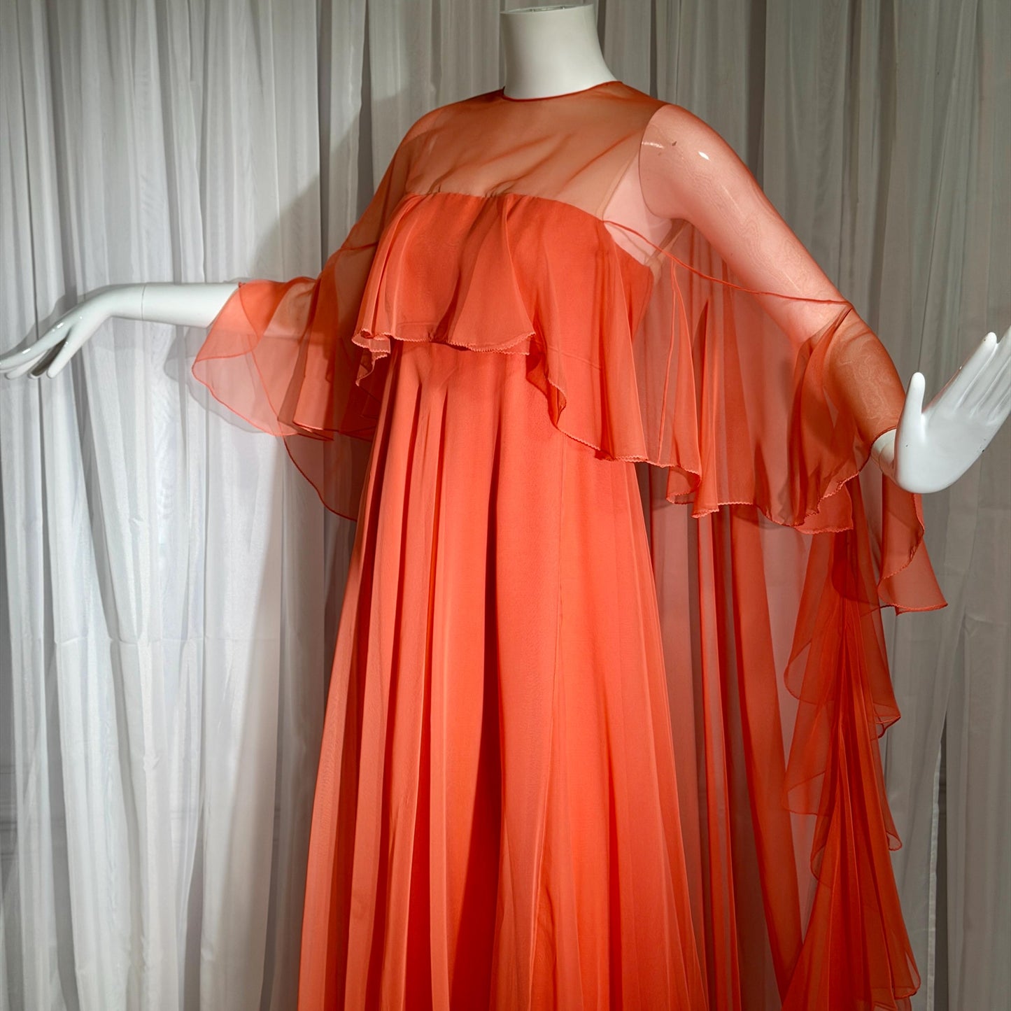 RIZKALLAH MALCOLM STARR evening dress gown, vintage 1970s Ruffle Chiffon cape dress