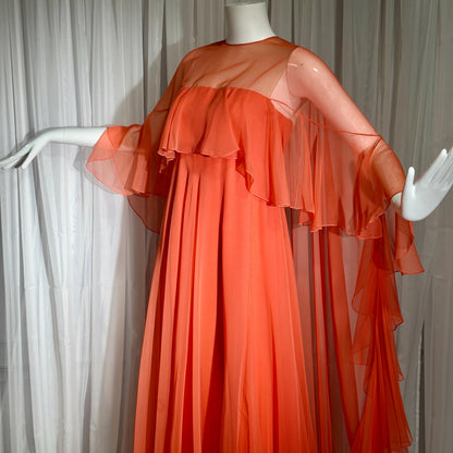 RIZKALLAH MALCOLM STARR evening dress gown, vintage 1970s Ruffle Chiffon cape dress