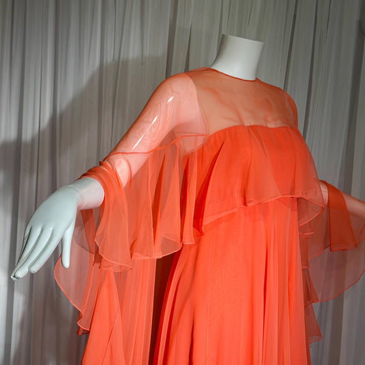 RIZKALLAH MALCOLM STARR evening dress gown, vintage 1970s Ruffle Chiffon cape dress