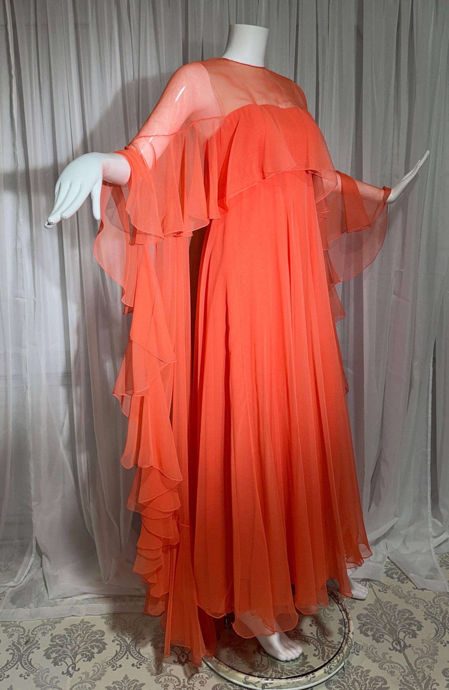 RIZKALLAH MALCOLM STARR evening dress gown, vintage 1970s Ruffle Chiffon cape dress
