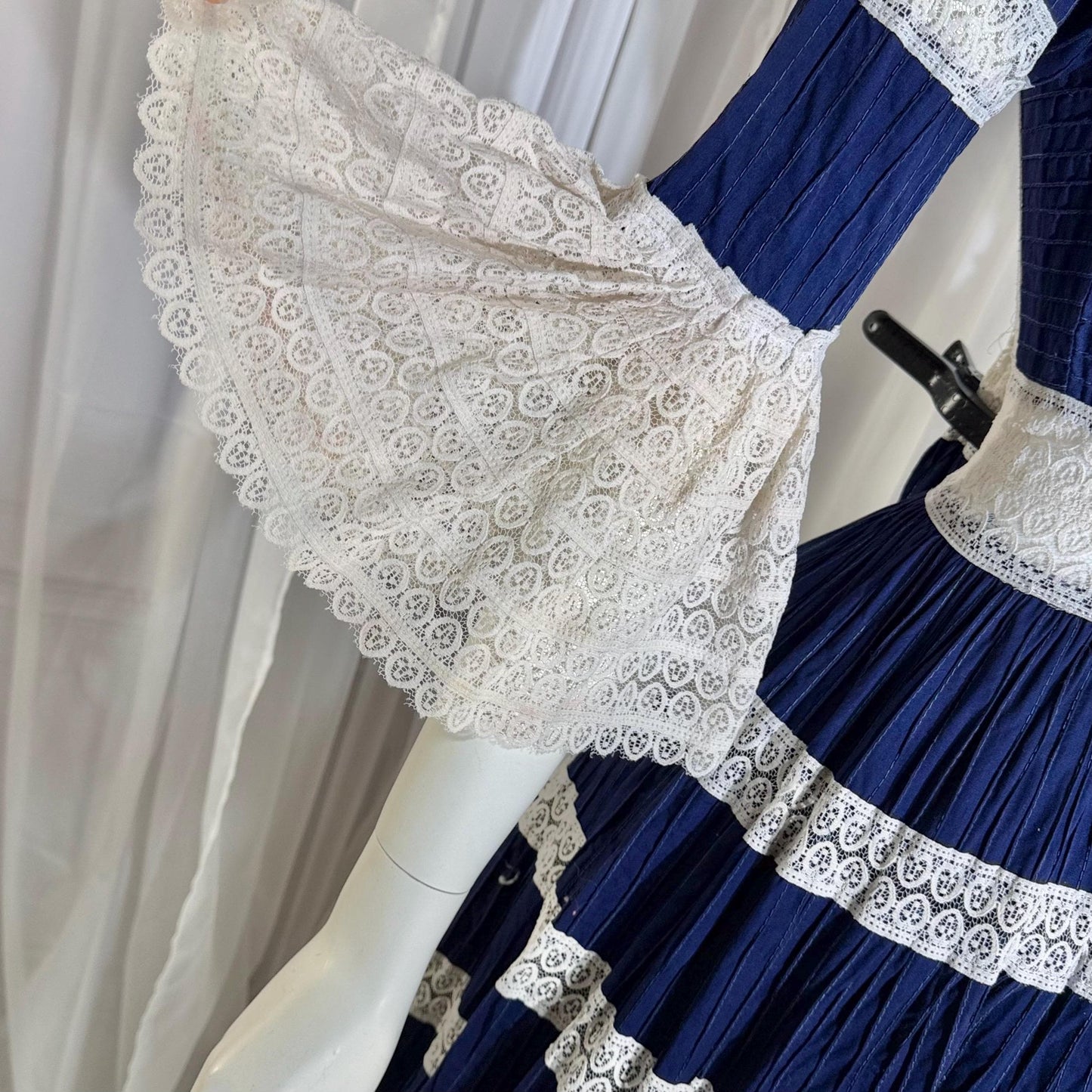 1970s Vintage Mexican Wedding Dress, Blue & White Pin tuck cotton crochet bell sleeve maxi gown