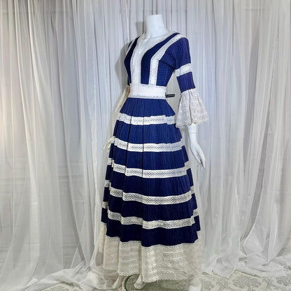 1970s Vintage Mexican Wedding Dress, Blue & White Pin tuck cotton crochet bell sleeve maxi gown