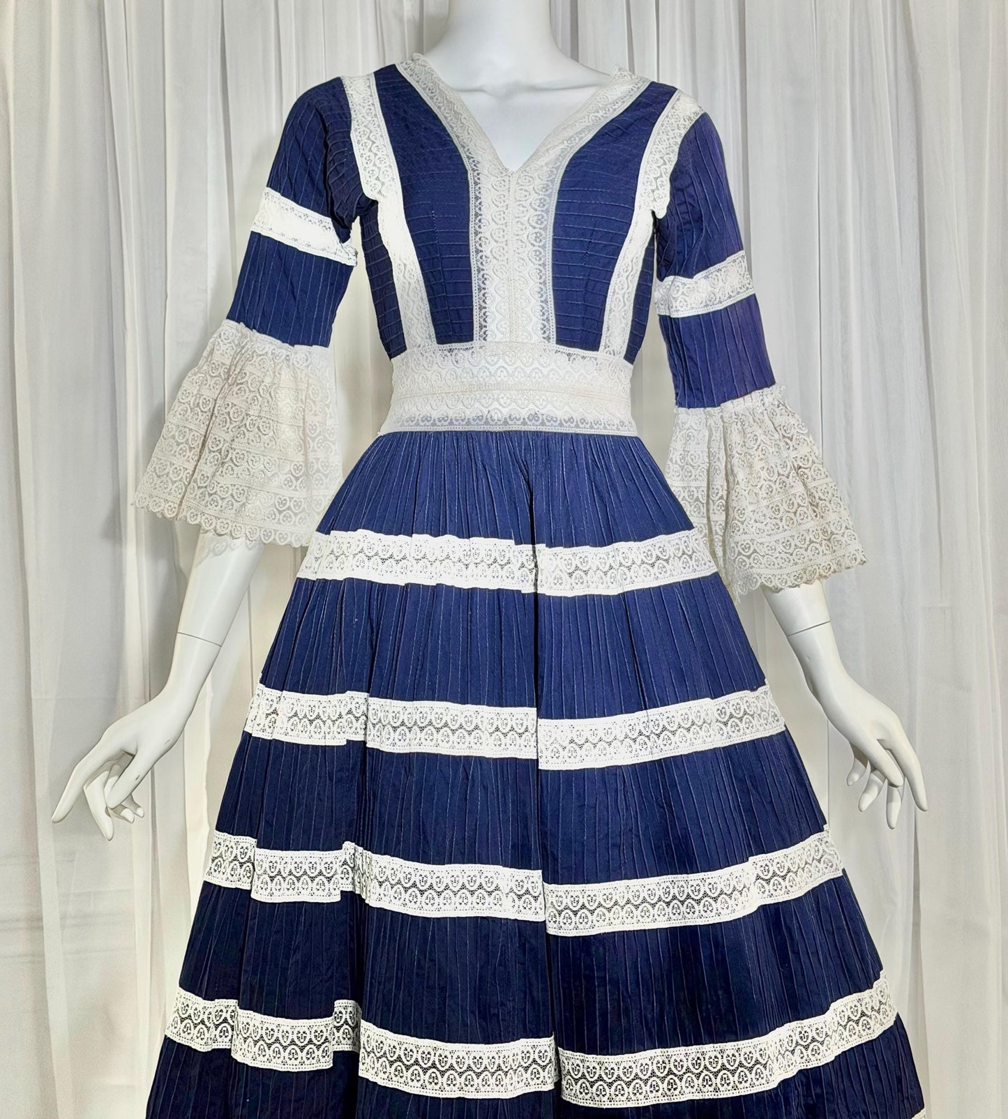 1970s Vintage Mexican Wedding Dress, Blue & White Pin tuck cotton crochet bell sleeve maxi gown