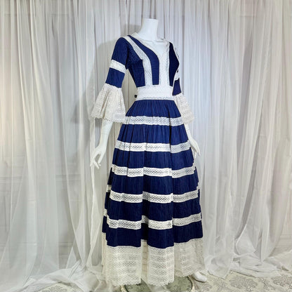 1970s Vintage Mexican Wedding Dress, Blue & White Pin tuck cotton crochet bell sleeve maxi gown