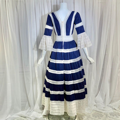 1970s Vintage Mexican Wedding Dress, Blue & White Pin tuck cotton crochet bell sleeve maxi gown