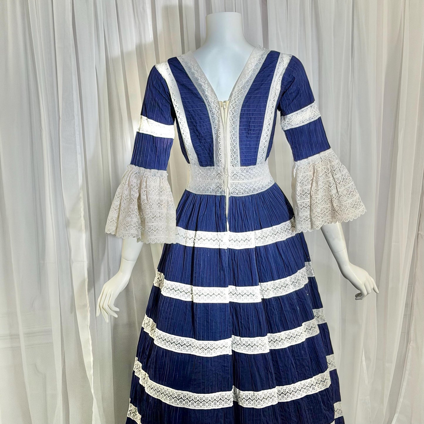1970s Vintage Mexican Wedding Dress, Blue & White Pin tuck cotton crochet bell sleeve maxi gown