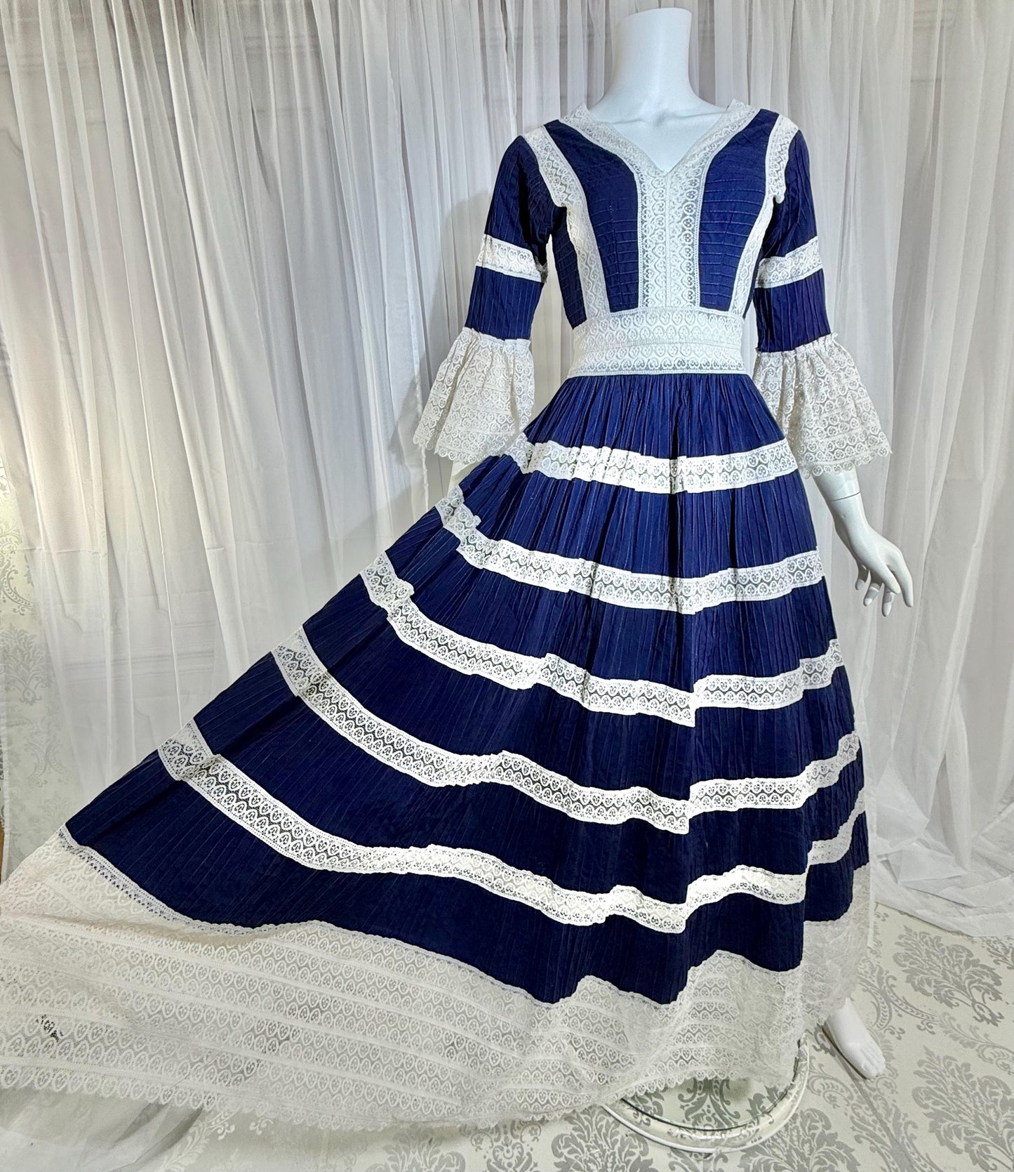 1970s Vintage Mexican Wedding Dress, Blue & White Pin tuck cotton crochet bell sleeve maxi gown