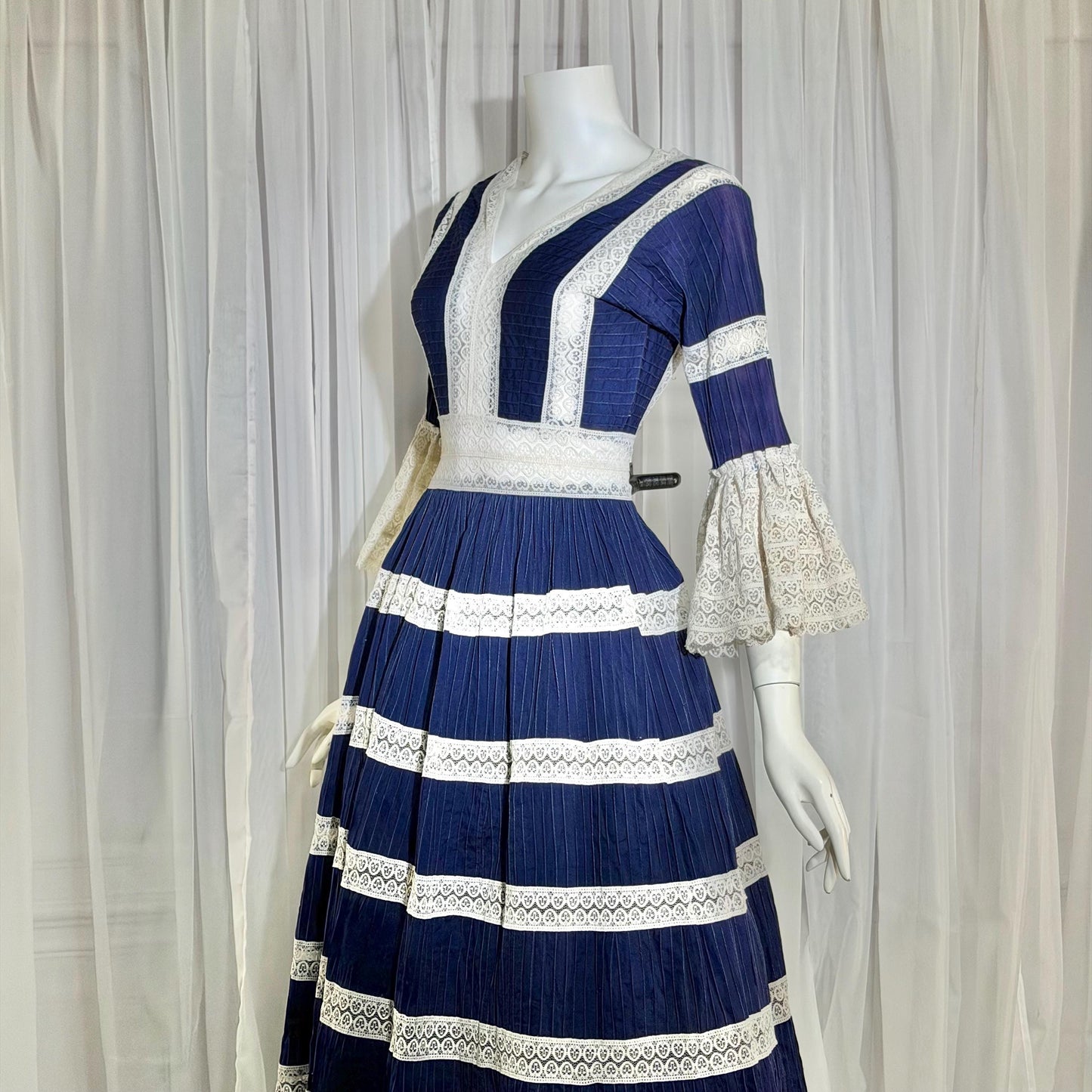 1970s Vintage Mexican Wedding Dress, Blue & White Pin tuck cotton crochet bell sleeve maxi gown