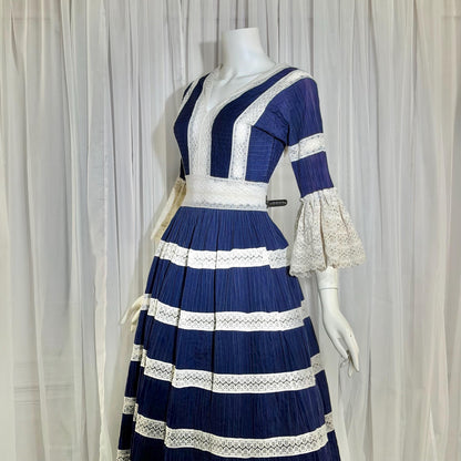 1970s Vintage Mexican Wedding Dress, Blue & White Pin tuck cotton crochet bell sleeve maxi gown