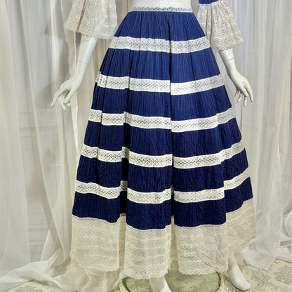 1970s Vintage Mexican Wedding Dress, Blue & White Pin tuck cotton crochet bell sleeve maxi gown