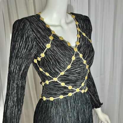 MARY MCFADDEN COUTURE vintage evening dress, 1980s black beaded plisse pleats gown