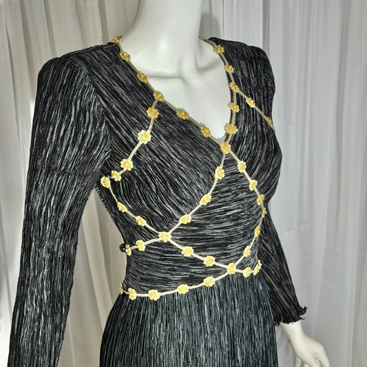 MARY MCFADDEN COUTURE vintage evening dress, 1980s black beaded plisse pleats gown