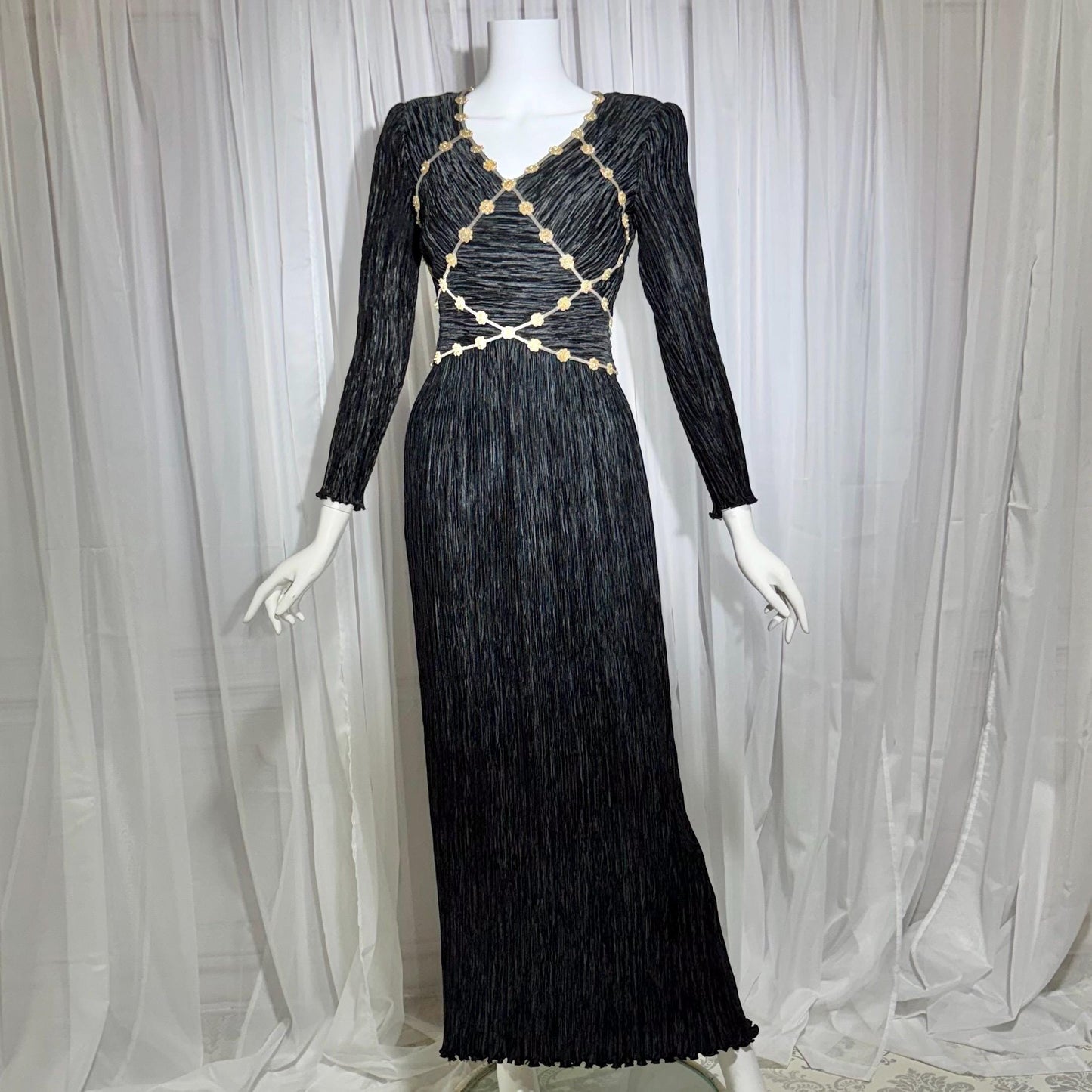 MARY MCFADDEN COUTURE vintage evening dress, 1980s black beaded plisse pleats gown