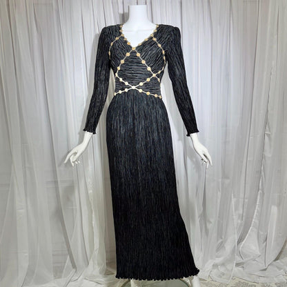 MARY MCFADDEN COUTURE vintage evening dress, 1980s black beaded plisse pleats gown