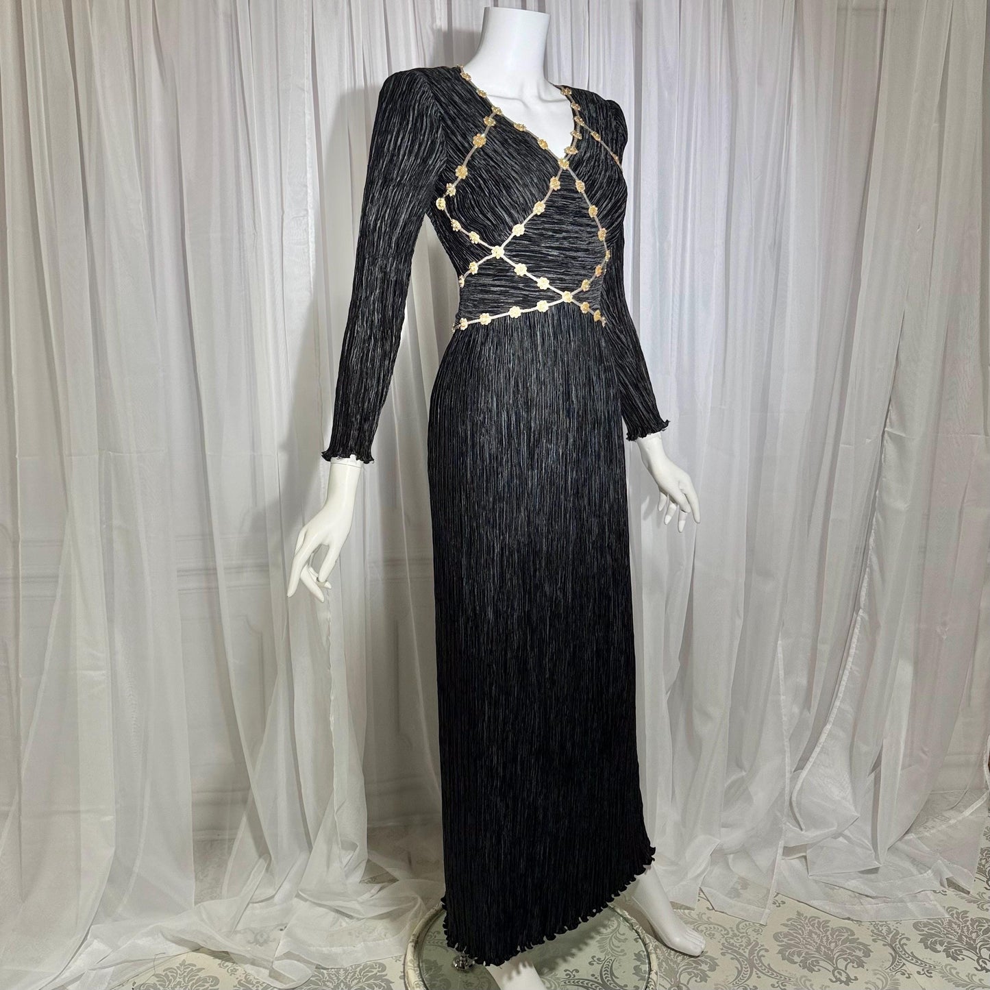 MARY MCFADDEN COUTURE vintage evening dress, 1980s black beaded plisse pleats gown