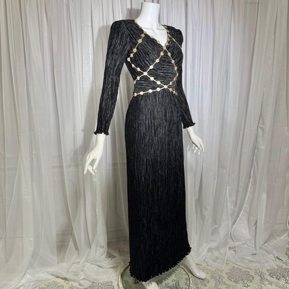 MARY MCFADDEN COUTURE vintage evening dress, 1980s black beaded plisse pleats gown