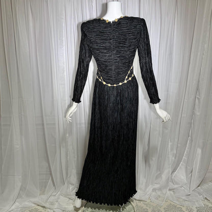 MARY MCFADDEN COUTURE vintage evening dress, 1980s black beaded plisse pleats gown