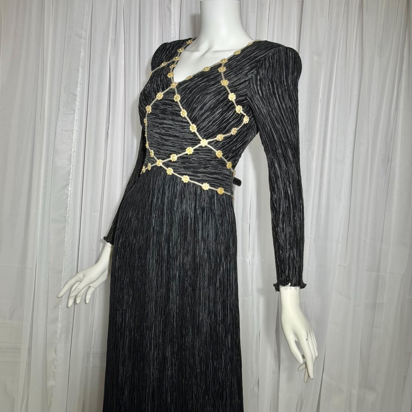 MARY MCFADDEN COUTURE vintage evening dress, 1980s black beaded plisse pleats gown