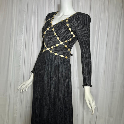 MARY MCFADDEN COUTURE vintage evening dress, 1980s black beaded plisse pleats gown